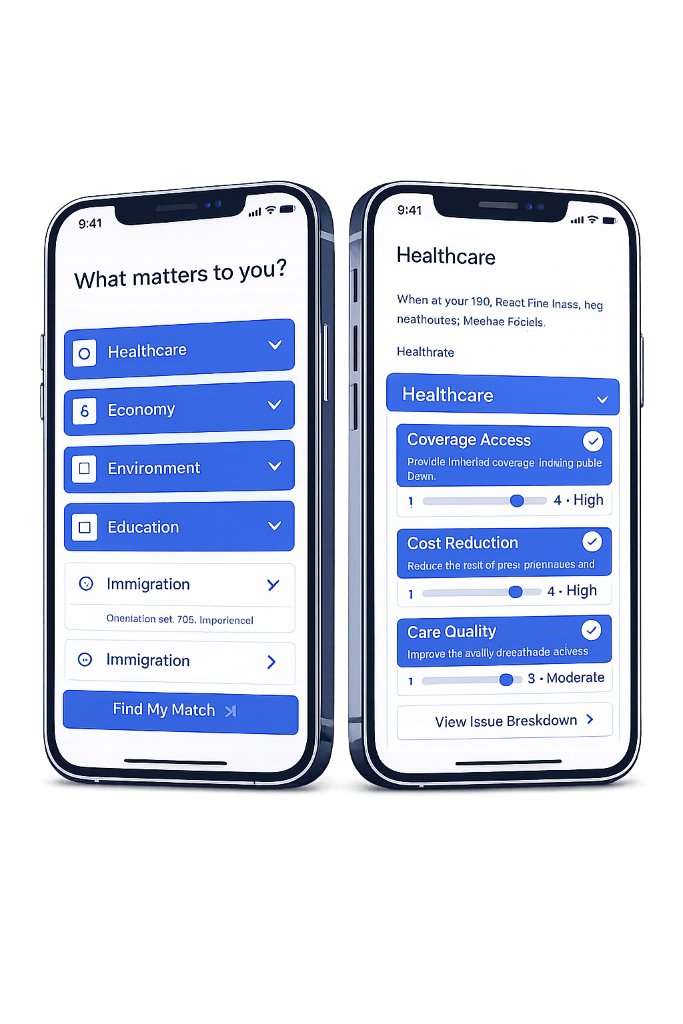 CivAlign issue selection and priority weighting: two phones showing What matters to you issue list and Healthcare sub-issue sliders